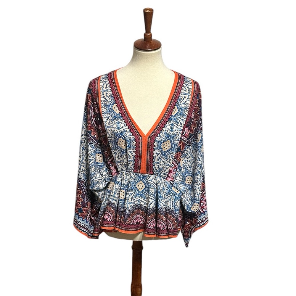 Flying Tomato Colorful Retro 3/4 Sleeve Peplum V-neck Top - Picture 6 of 12